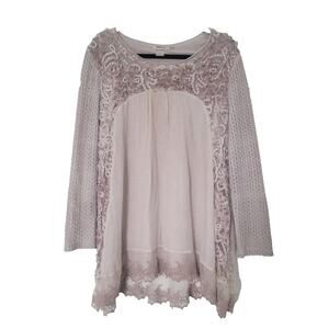 Feratelli Knit Lace Mixed Media Tunic Top Sz XL Pale Pink Art To Wear Lagenlook